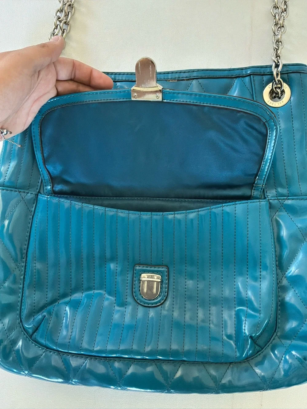 Coach Ashley Teal Patent Leather Quilted Tote Shoulder Bag Chain Strap Large